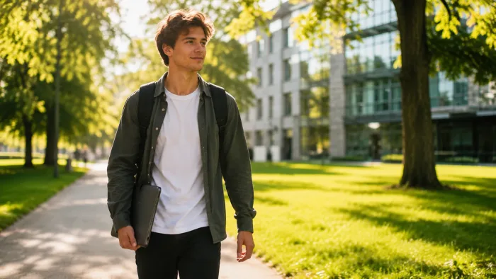 Un étudiant de l’Université des Sciences et Technologies de l’AGH, avec un sac à dos, traverse le parc en direction du campus de Cracovie le matin