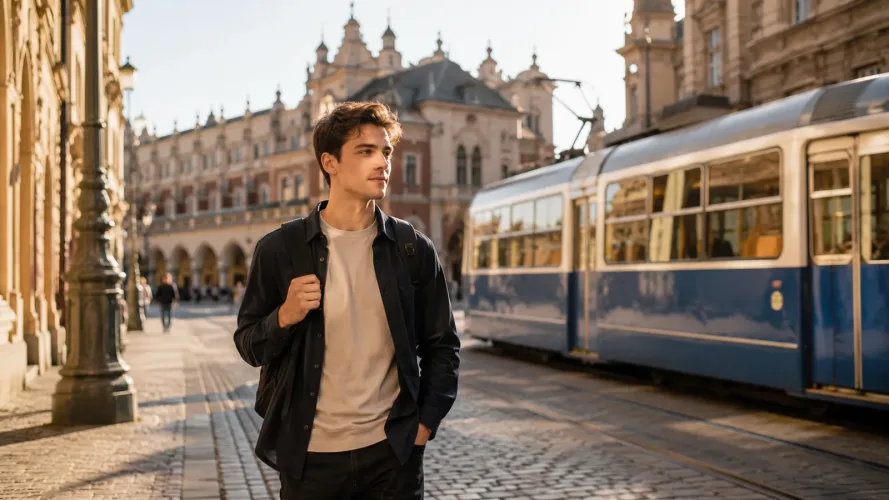 Un étudiant dans une rue historique du centre de Cracovie près de l’Université Jagellonne et de l’Université d’économie et de l’université, avec un tramway en arrière-plan