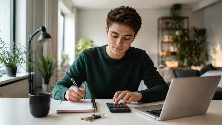 Un étudiant planifie un budget pour un dortoir à Cracovie à un bureau avec un ordinateur portable et des clés