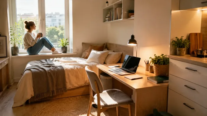 Atelier moderne et douillet pour un étudiant à Cracovie avec un bureau et une kitchenette