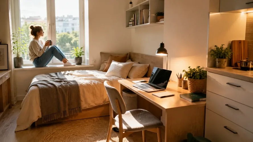 Atelier moderne et douillet pour un étudiant à Cracovie avec un bureau et une kitchenette