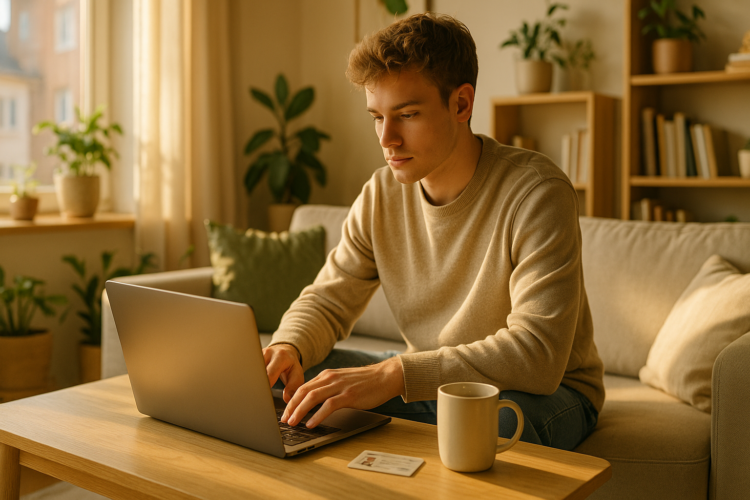 Student zalatwia meldunek tymczasowy online na laptopie w mieszkaniu